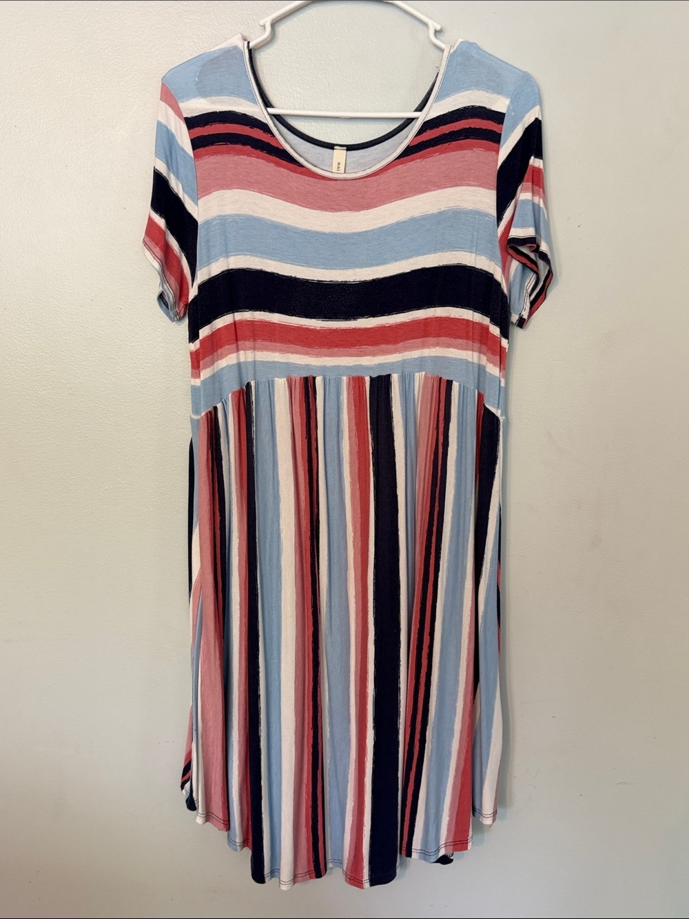 Striped Midi Dress in Light Blue, Pink & Navy